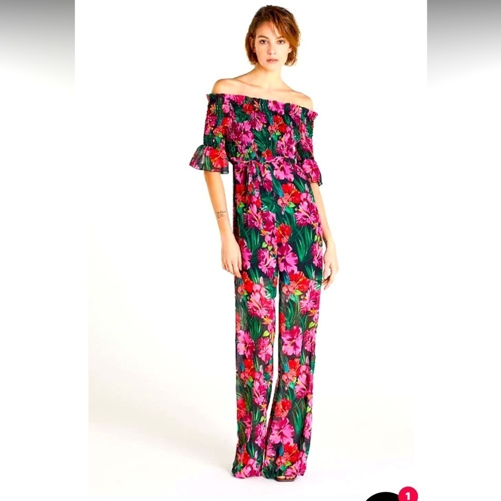 Patrizia Pepe pink green black floral off the shoulder jumpsuit $395 size 44